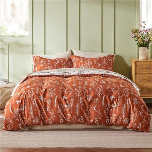 Queen or Twin Comforter Set - Terracotta Comforter, Cute Floral Sets 3 Pieces - Picture 1 of 6